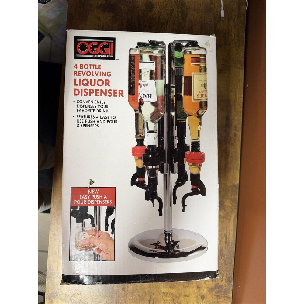 Oggi 4 Bottle Revolving Liquor Dispenser, Push And Pour Dispensers